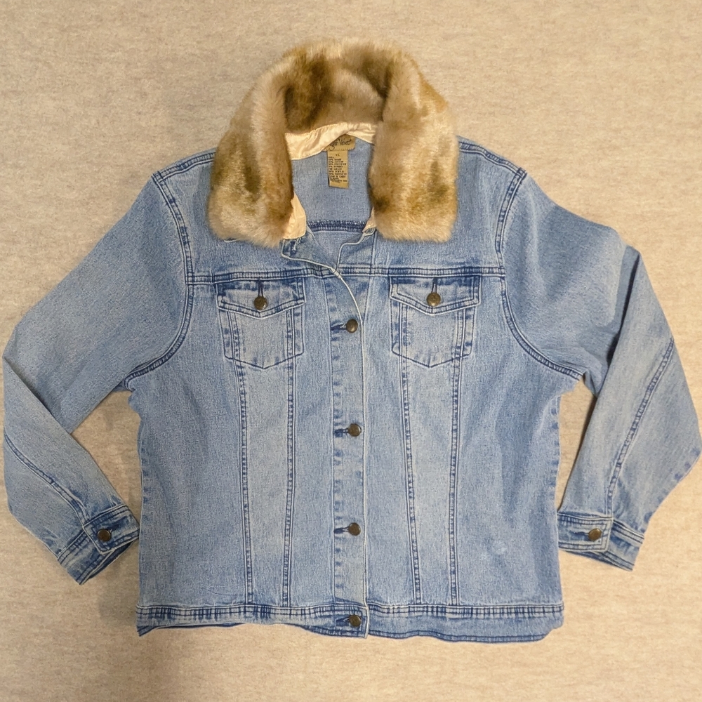 Midnight Velvet Vintage Blue Denim Jacket with Removable Tan Faux Fur Collar XL
